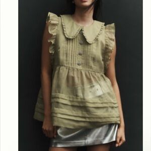 Anthropologie MAEVE PETER PAN COLLAR SHEER PINTUCK BABYDOLL TANK